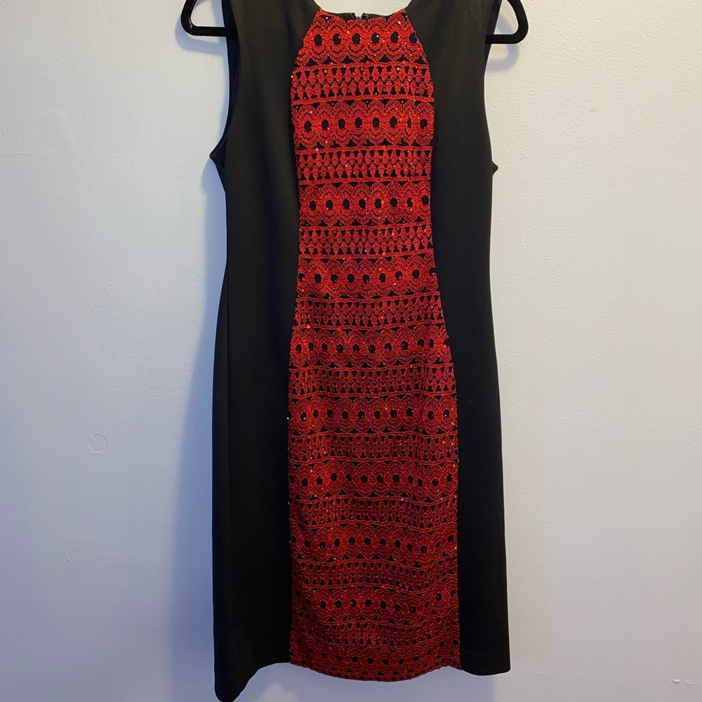 R & M Richards Black Dress with Red Lace Panel